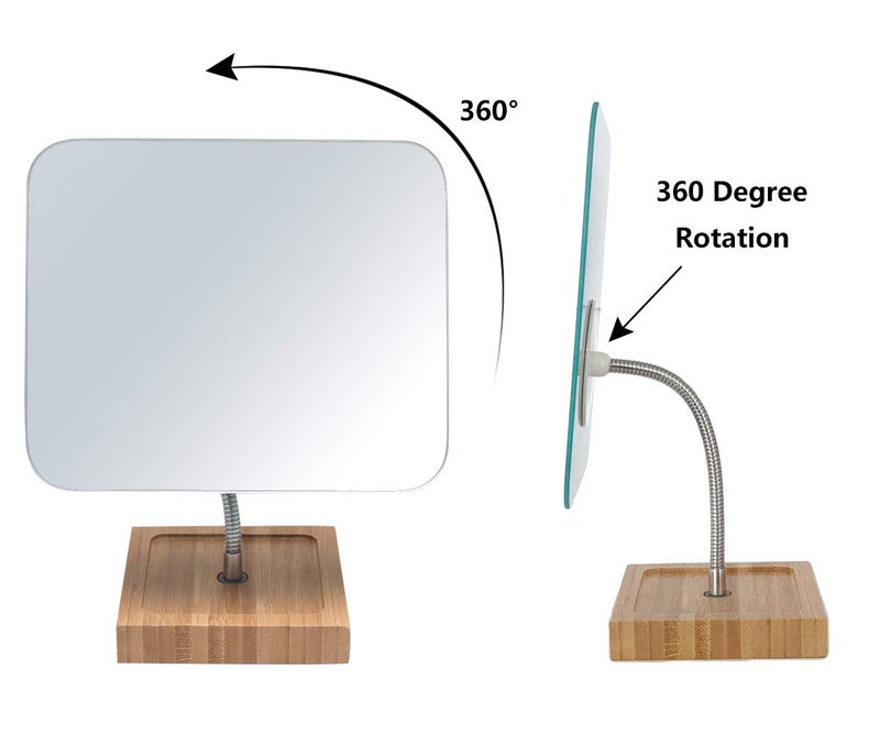 YEAKE Flexible Gooseneck Bamboo Vanity Makeup Mirror,360Â°Rotation 8" Large Frameless, Folding Portable Table Desk Mirror with Stand for Bathroom Shaving Make Up, Rectangle - Image 4